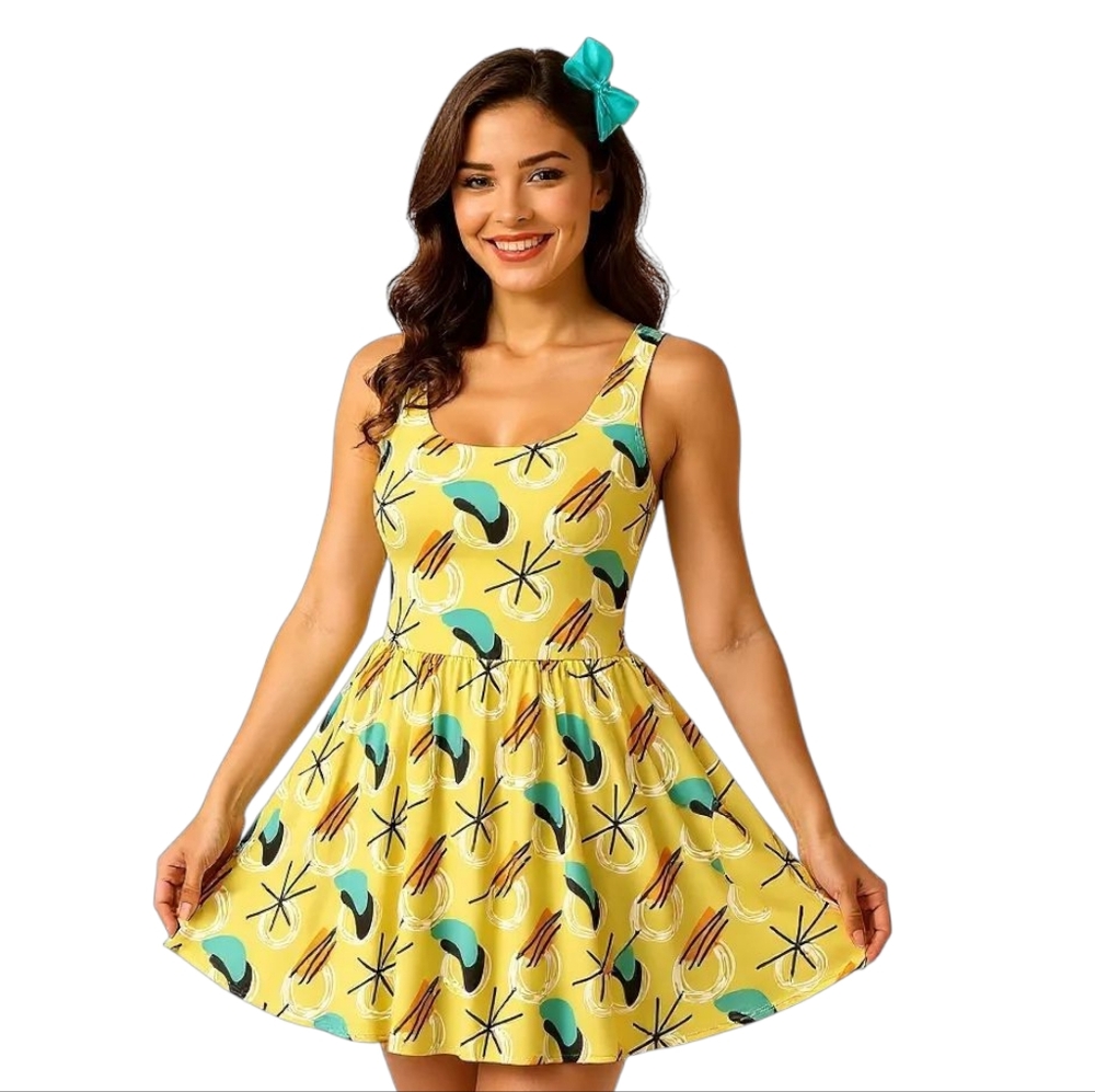 Retro 50s Yellow Atomic Print Pinup Swing Dress